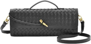 YXBQueen Woven Bag for Women Black Purse Shoulder Bag Vegan Leather Handbags Clutch Purses for Women
