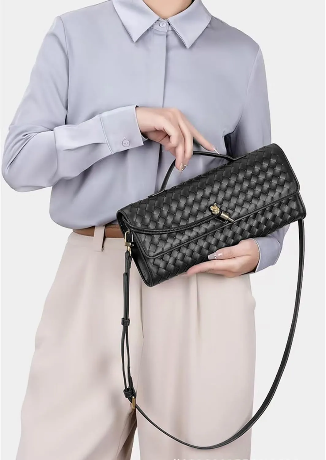 YXBQueen Woven Bag for Women Black Purse Shoulder Bag Vegan Leather Handbags Clutch Purses for Women