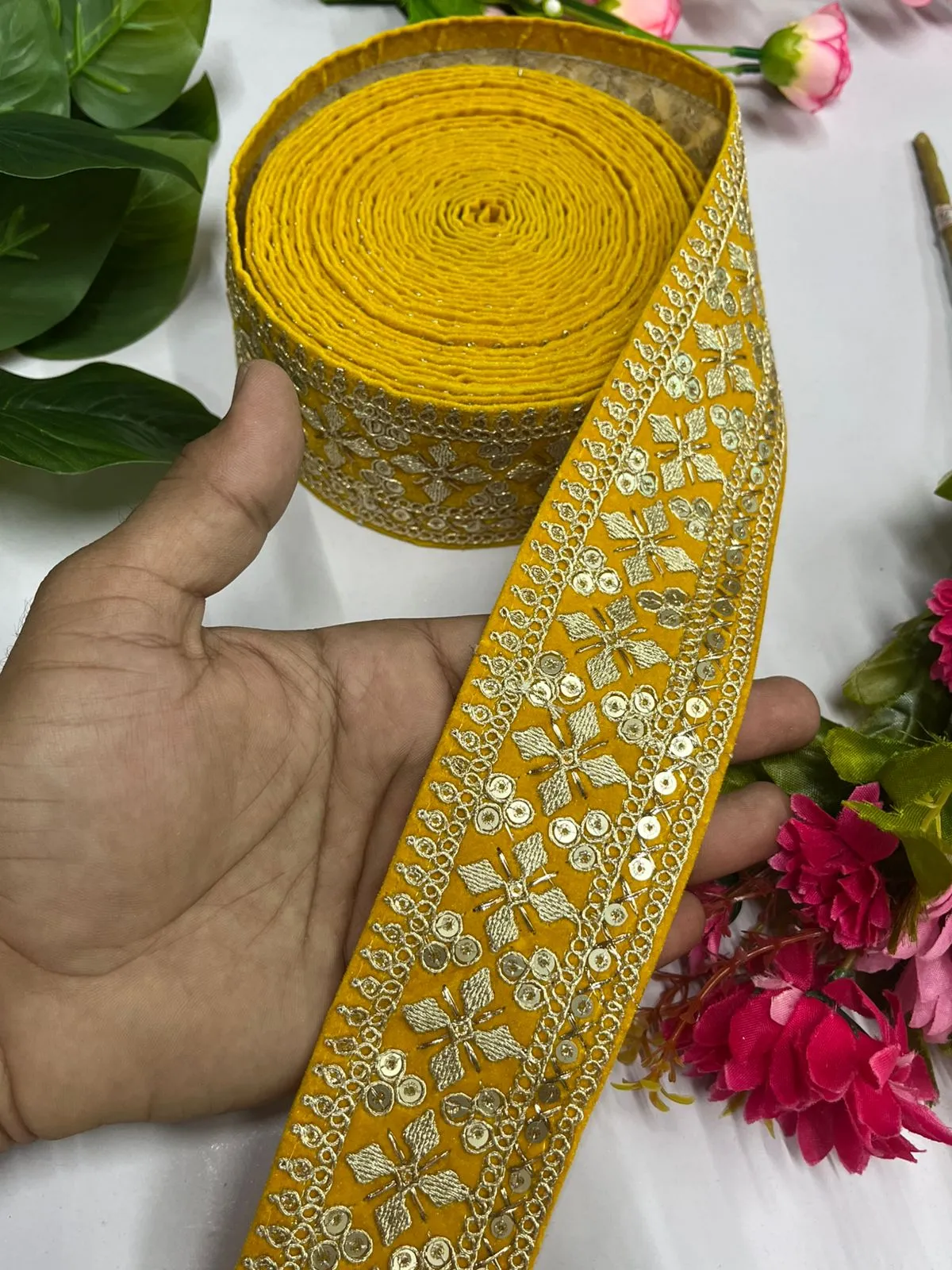 Zari Sequins Embellished Velvet Embroidered Saree Lace | Velvet Fabric Lace Border (9 Mtr) | Yellow