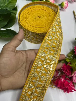 Zari Sequins Embellished Velvet Embroidered Saree Lace | Velvet Fabric Lace Border (9 Mtr) | Yellow