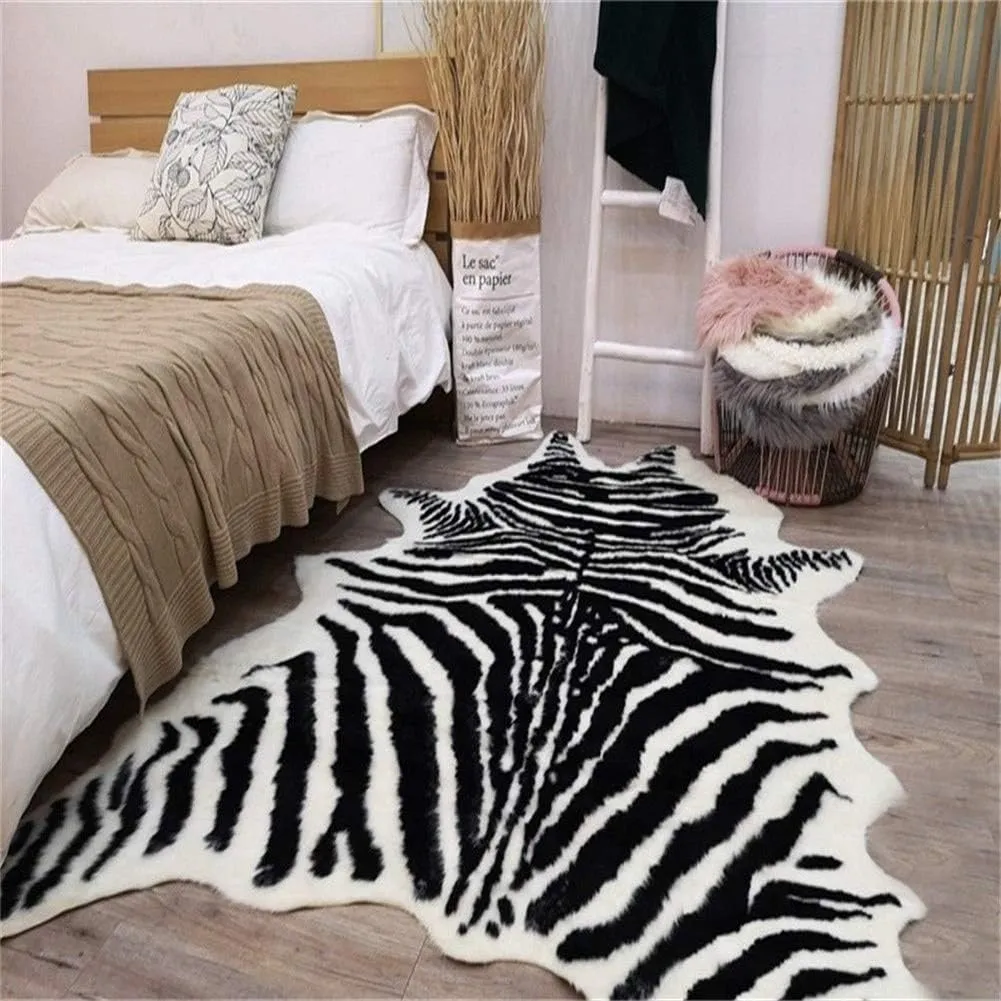 Zebra Print Rug Faux Animal Cowhide Skin Area Rug Leather Carpet Mat Large Size for Home Office Livingroom 7.9'x5.6'
