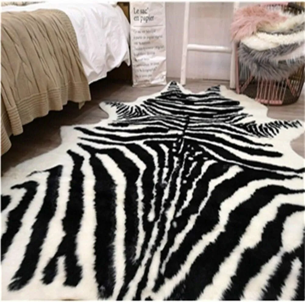 Zebra Print Rug Faux Animal Cowhide Skin Area Rug Leather Carpet Mat Large Size for Home Office Livingroom 7.9'x5.6'