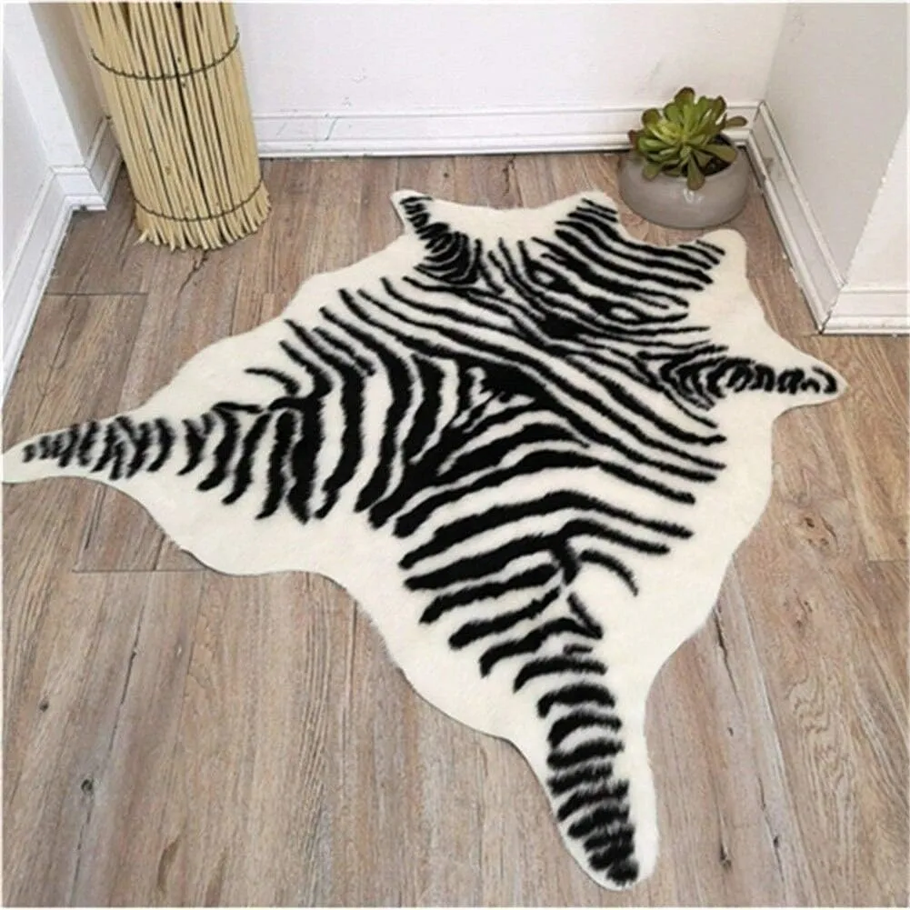 Zebra Print Rug Faux Animal Cowhide Skin Area Rug Leather Carpet Mat Large Size for Home Office Livingroom 7.9'x5.6'