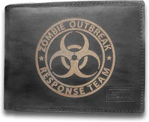 Zombie Outbreak Response Team Genuine Cowhide Leather Laser Engraved Engraving Slimfold Mens Large Capacity Luxury Wallet Purse Minimalist Sleek and Slim Black Credit Card Holder Organizer 14 Pockets