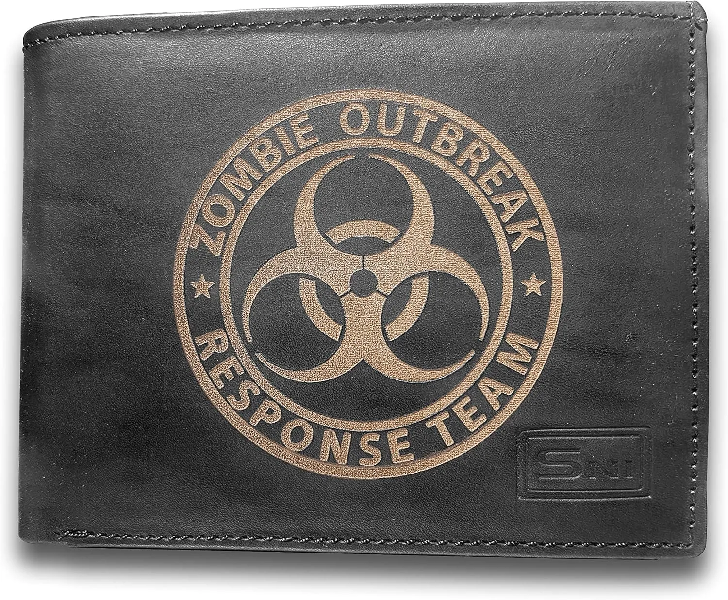 Zombie Outbreak Response Team Genuine Cowhide Leather Laser Engraved Engraving Slimfold Mens Large Capacity Luxury Wallet Purse Minimalist Sleek and Slim Black Credit Card Holder Organizer 14 Pockets
