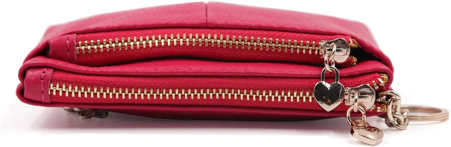 ZOOEASS Women Genuine Leather Zip Mini Coin Purse With Key Ring Triple Zipper Card Holder Wallet
