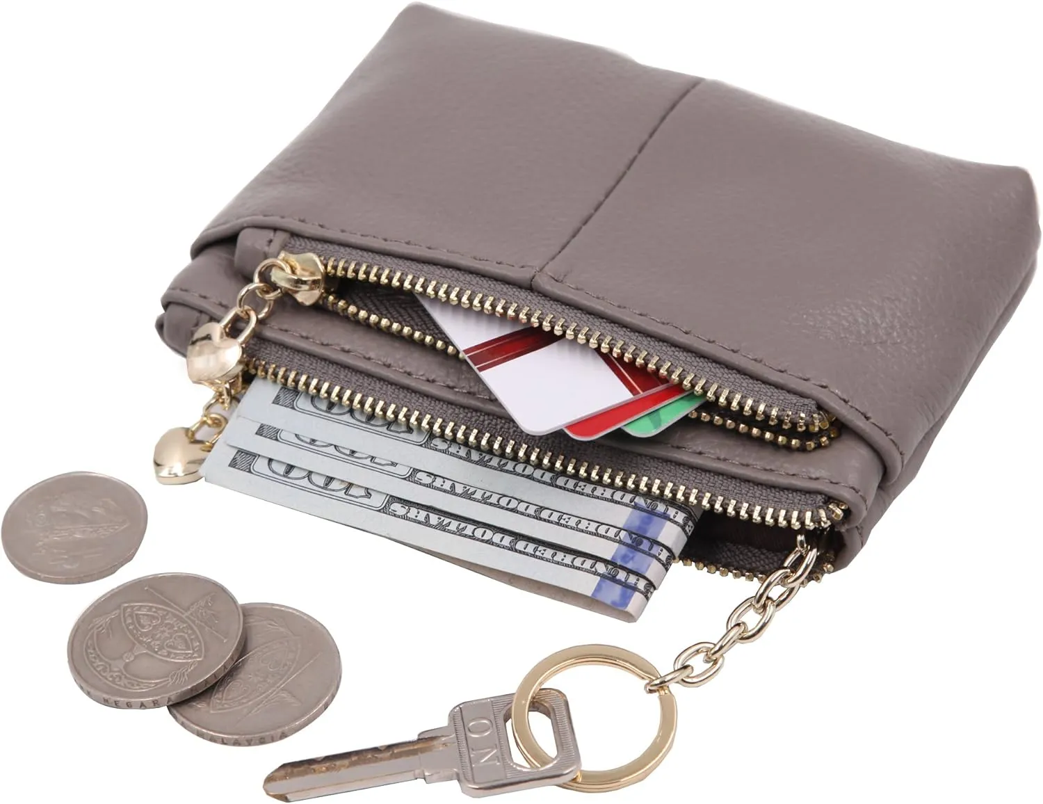 ZOOEASS Women Genuine Leather Zip Mini Coin Purse With Key Ring Triple Zipper Card Holder Wallet