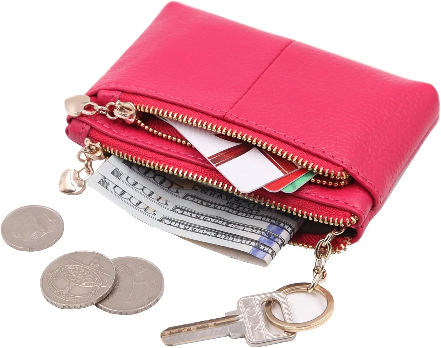 ZOOEASS Women Genuine Leather Zip Mini Coin Purse With Key Ring Triple Zipper Card Holder Wallet