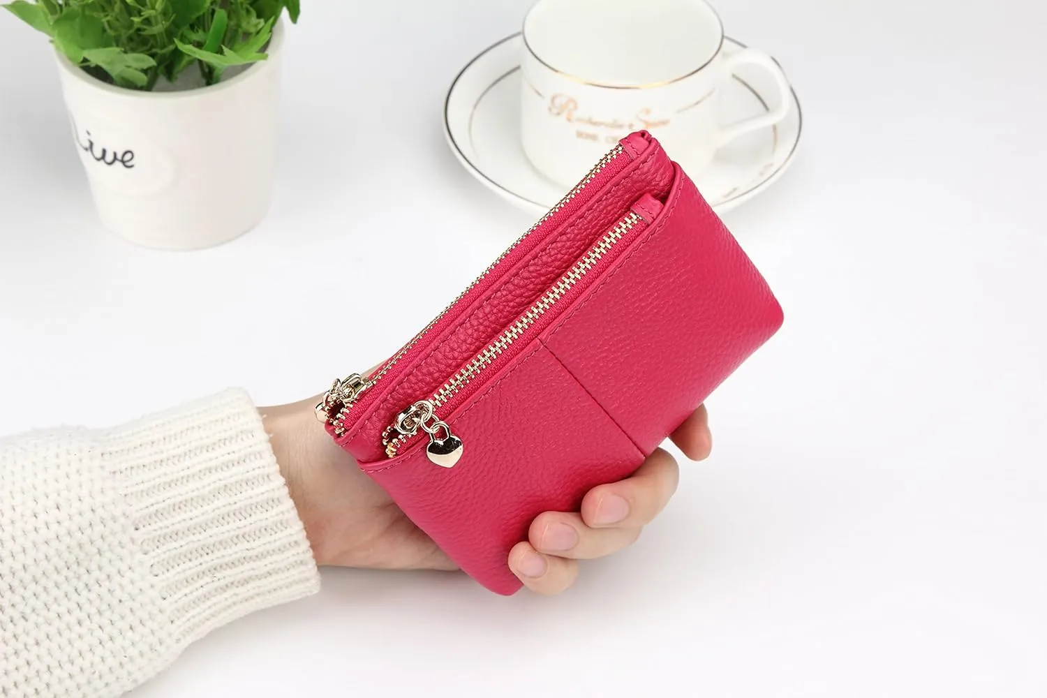 ZOOEASS Women Genuine Leather Zip Mini Coin Purse With Key Ring Triple Zipper Card Holder Wallet